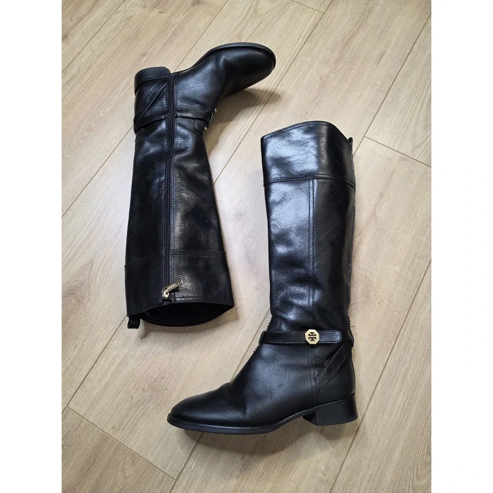 Tory Burch Brita Black Leather Tall Riding Boots Women's Size 7M Gold Hardware